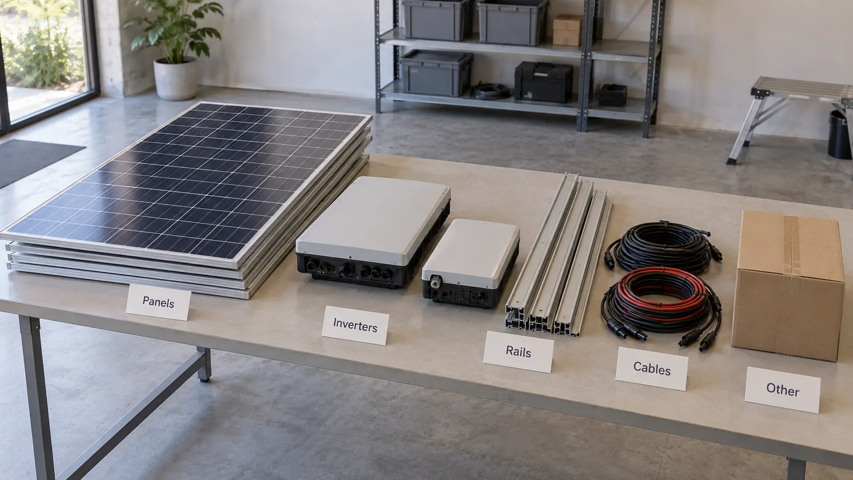 Separate detached panels, inverter housings, aluminium rails, cable coils and a closed carton with category cards
