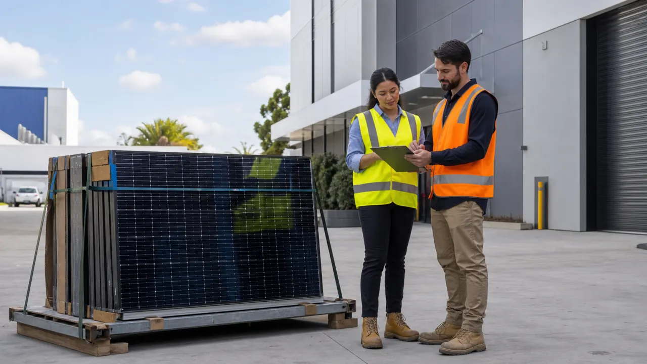 Sydney commercial solar project team reviewing a collection inventory beside securely staged removed solar panels