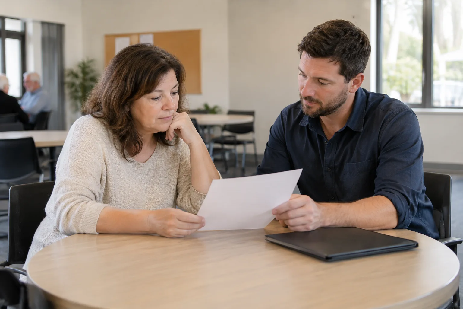 Two people reviewing an unmarked information sheet in a meeting room