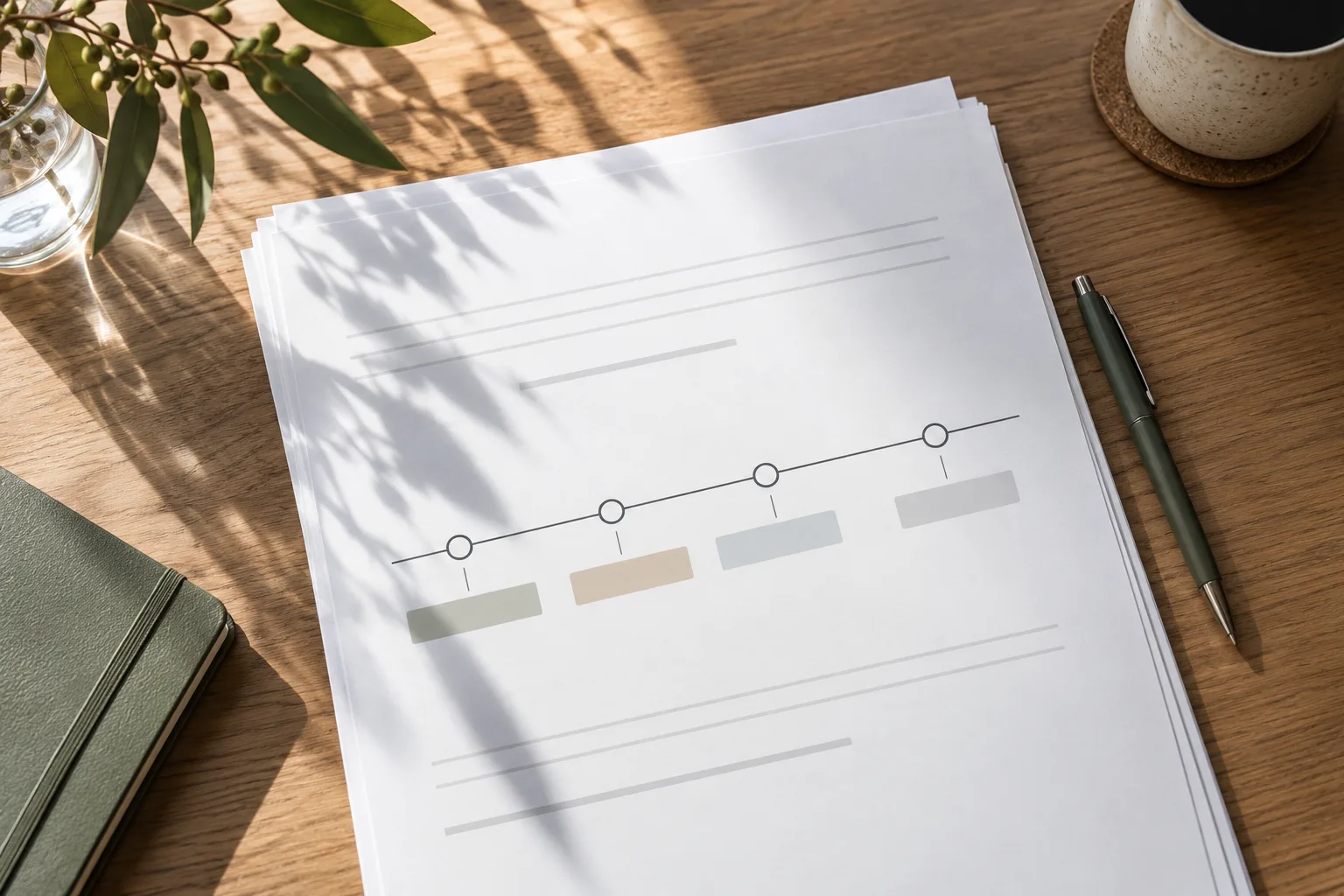 Neutral policy document and blank timeline on an office desk