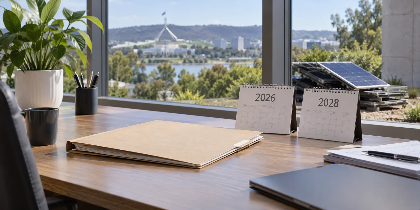 Neutral policy desk with calendar shapes and ground-level solar panels in the background