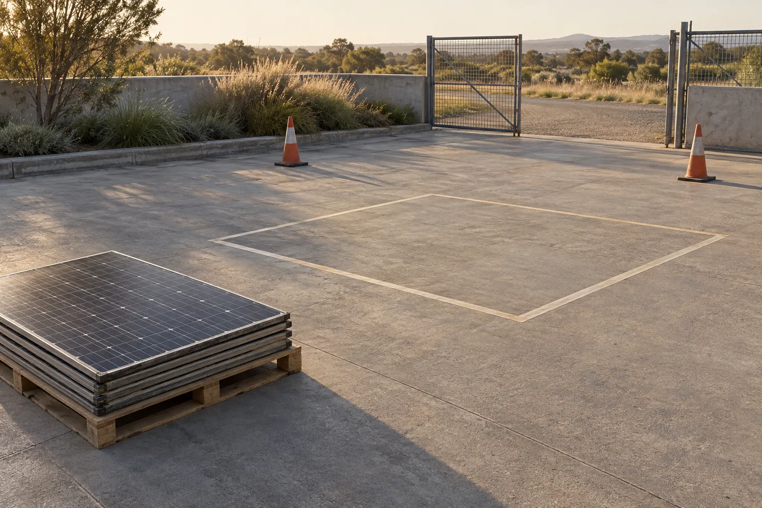 Conceptual editorial scene of inactive unbranded solar panels on a low pallet beside an empty taped staging area and a generic open gate
