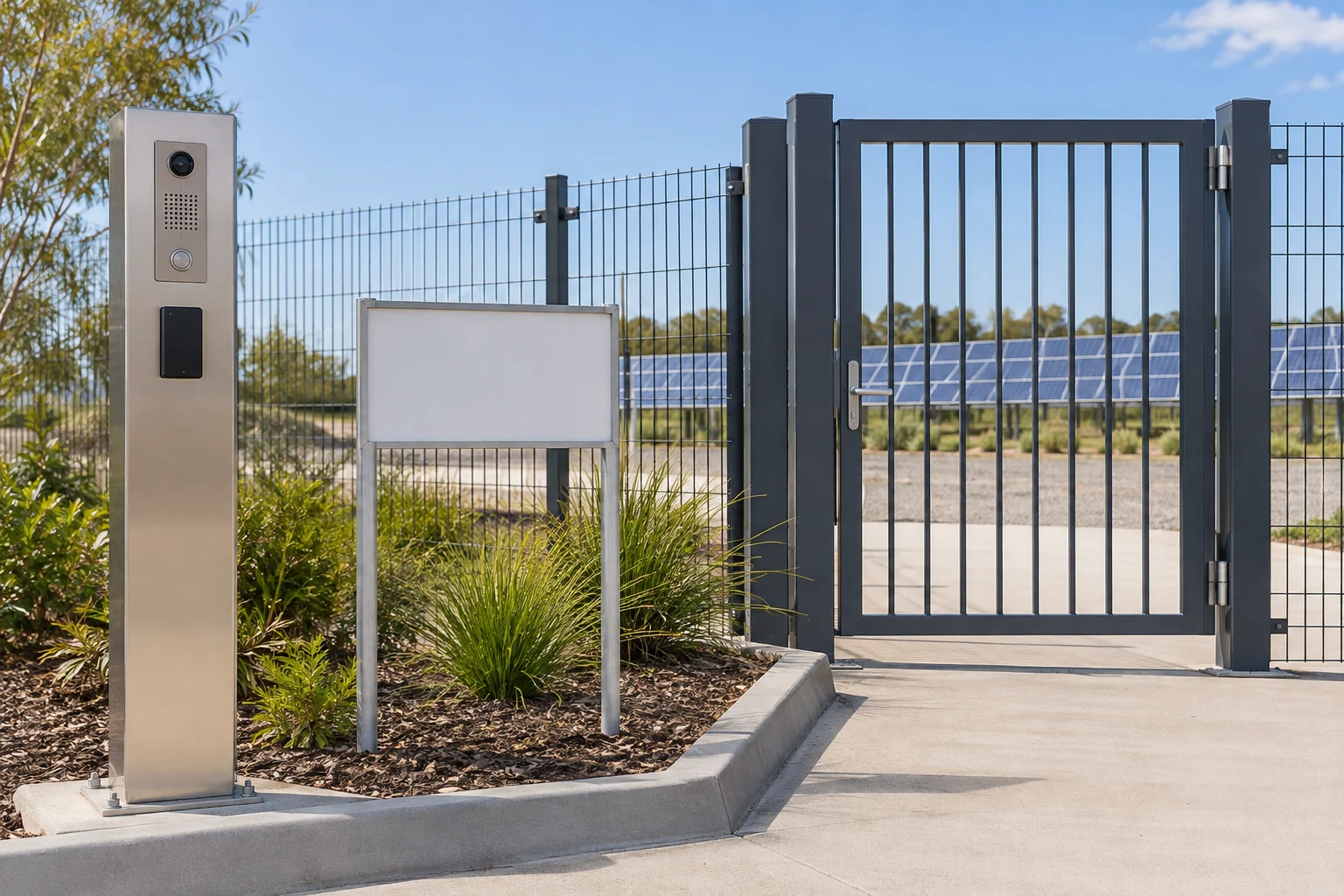 Unbranded commercial reception checkpoint with access reader and a distant group of solar panels