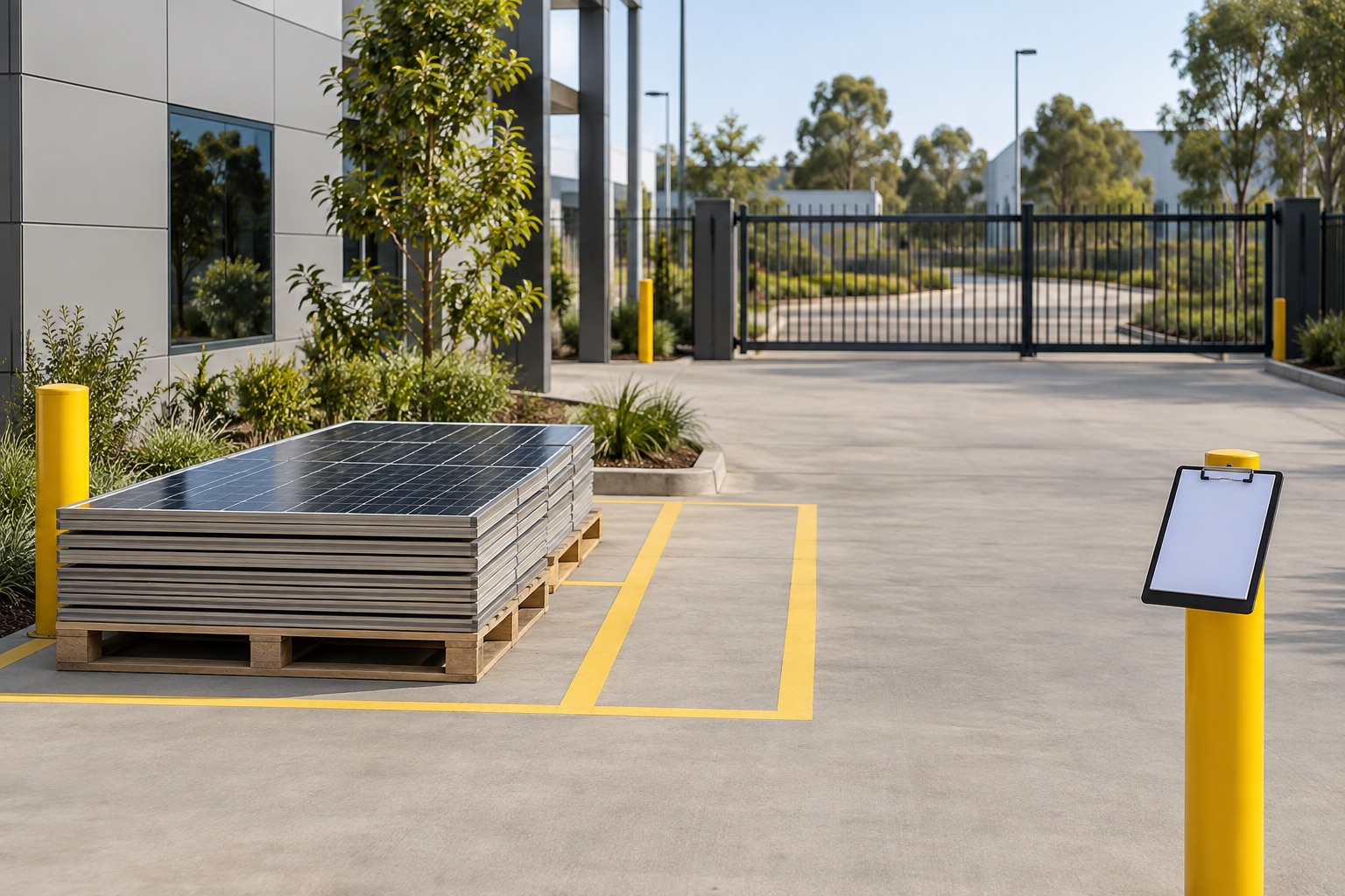 Editorial view of an accessible commercial handover zone with a compact staged solar-panel batch
