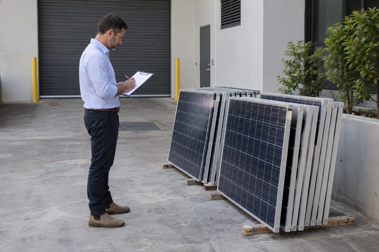 Editorial view of a property manager reviewing a handover checklist beside separated solar panels at ground level