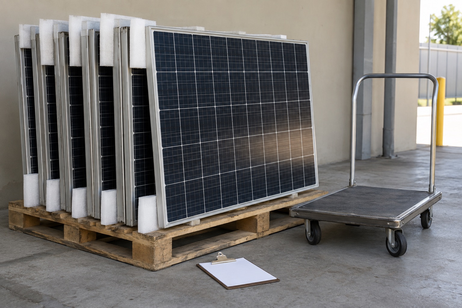 Editorial view of removed solar panels prepared with protective separators and a collection inventory at ground level