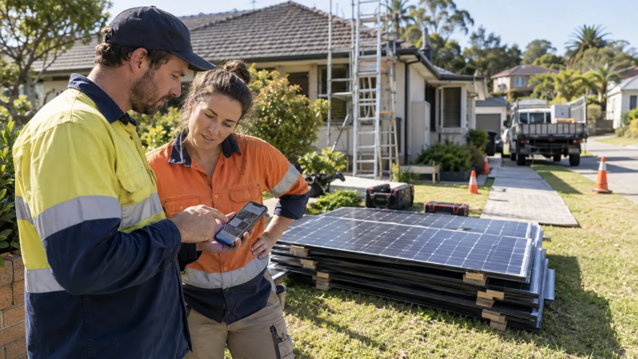 Roofing contractor and solar installer checking collection photos beside removed panels at a Sydney roof-replacement site