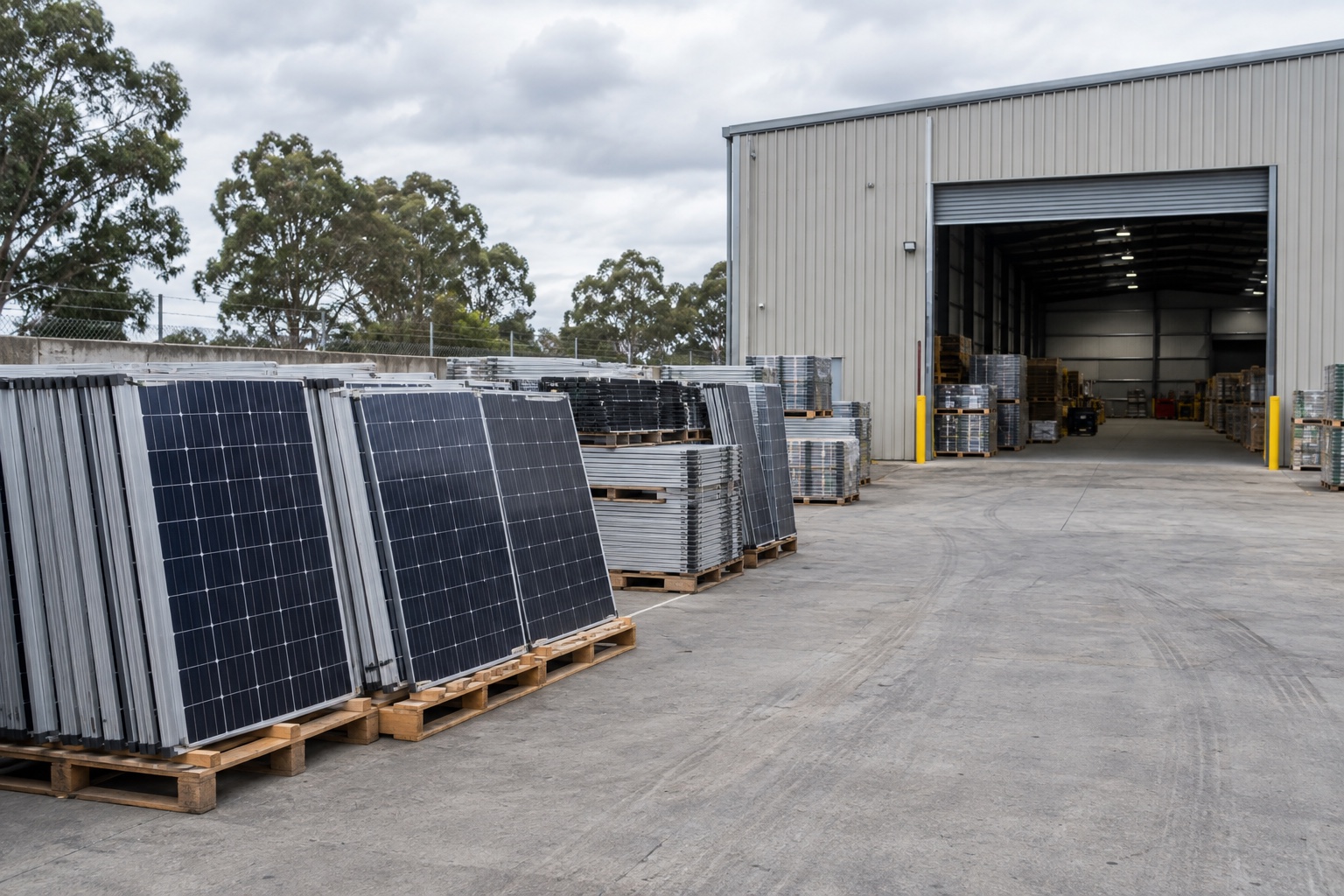 Editorial view of removed solar panels at a generic ground-level staging area beside an access lane