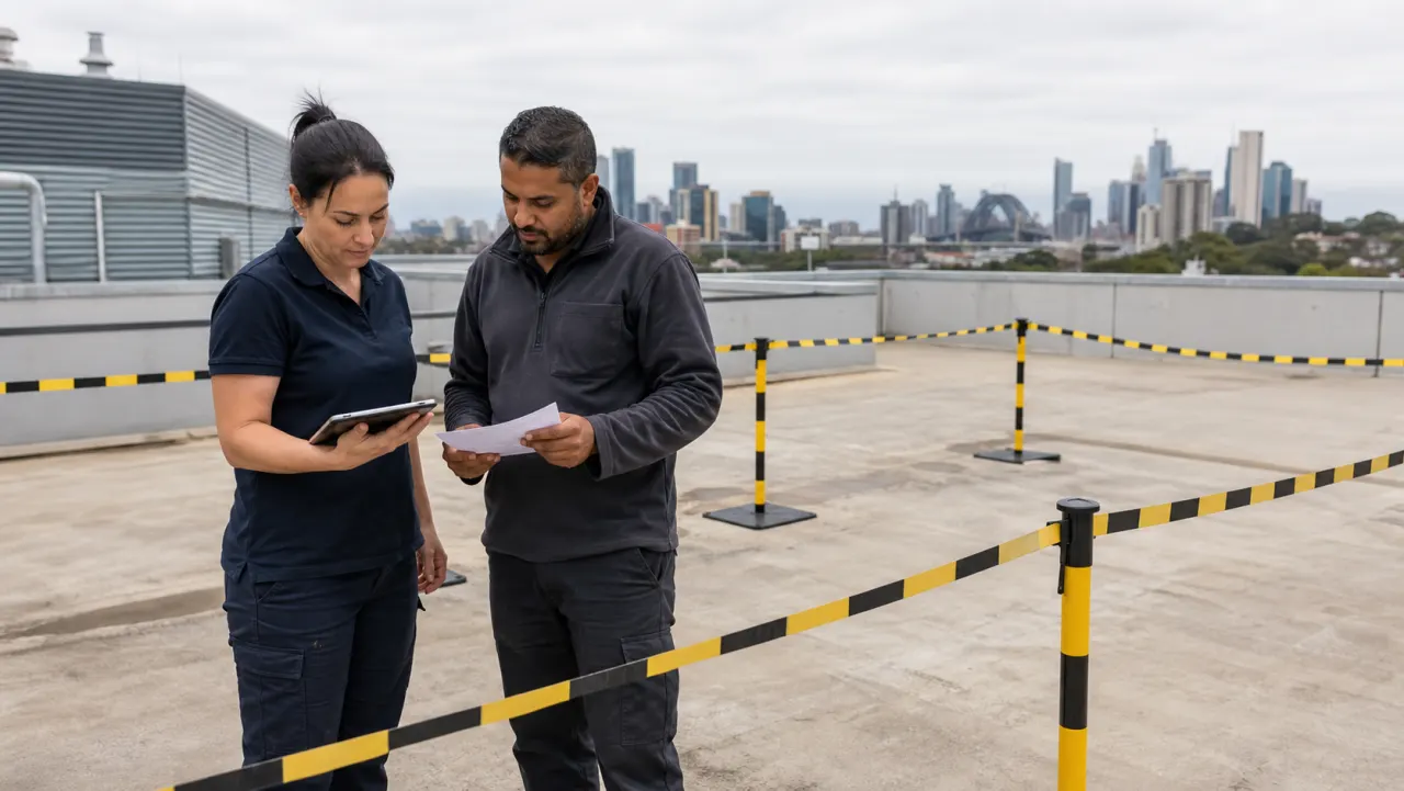 Sydney commercial facilities professionals reviewing a solar panel collection handover record after pickup