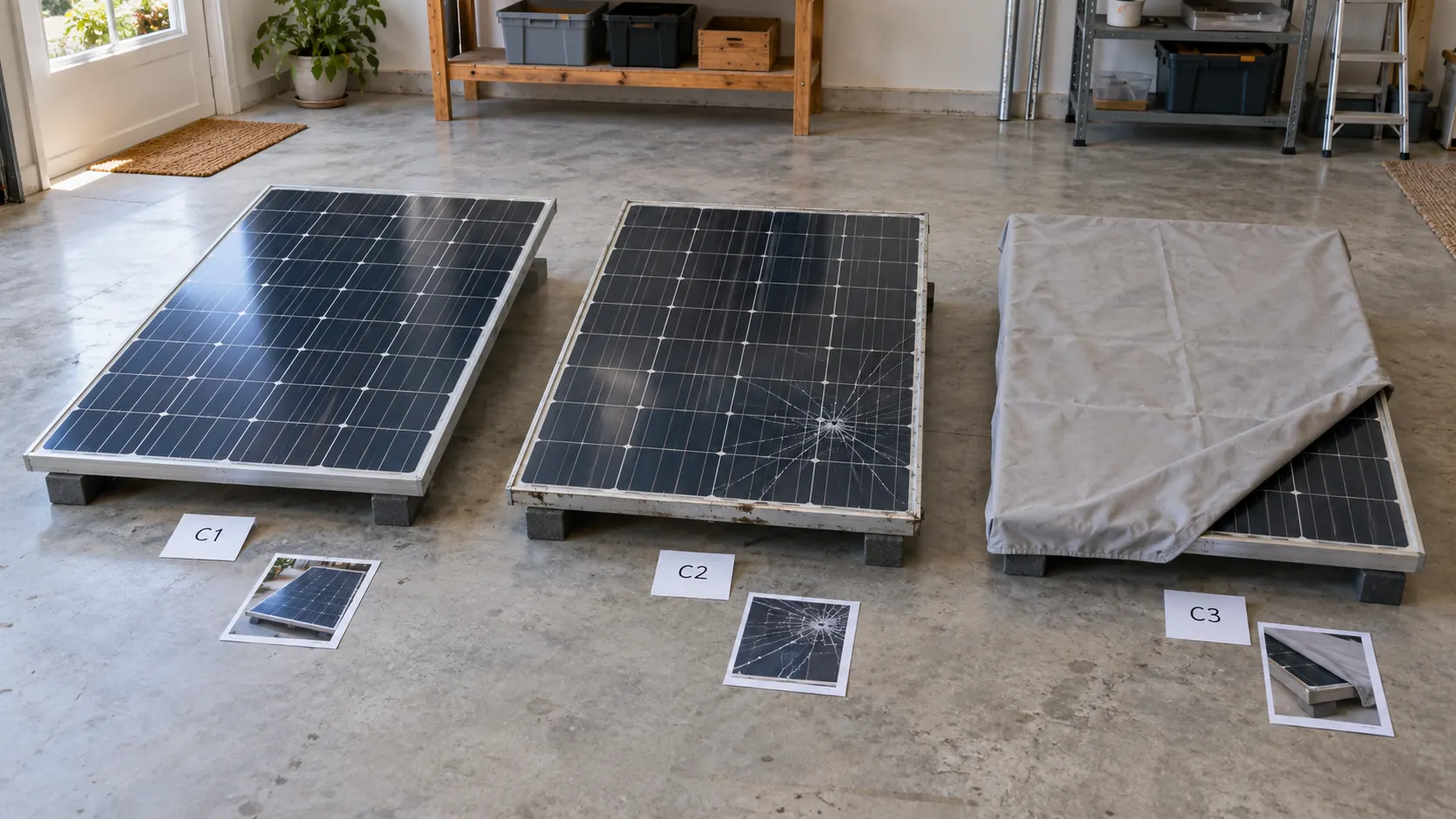 Three detached solar modules with C1 C2 and C3 cards, one cracked face and one partly covered face