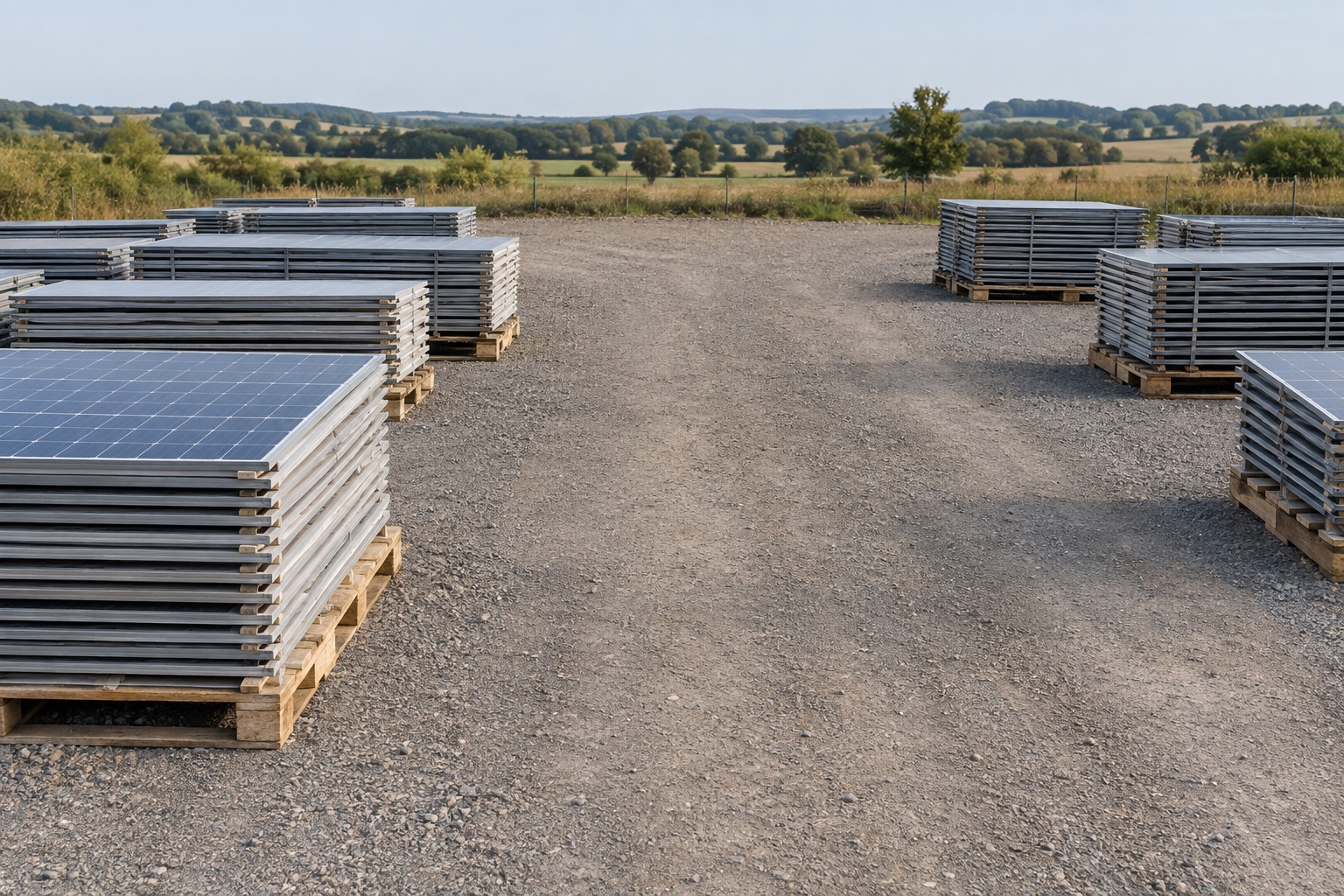 Editorial view of separated solar-panel batches beside a clear loading path