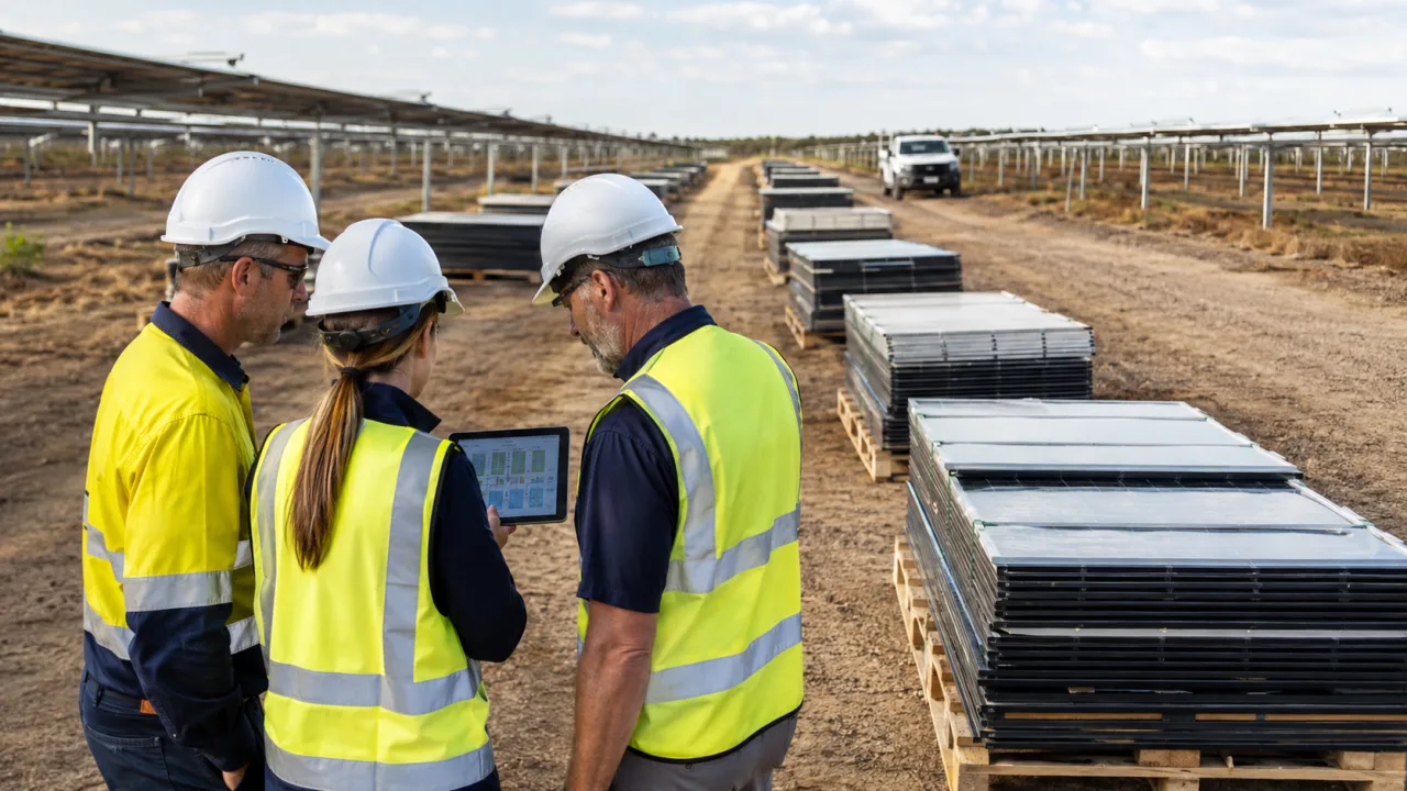 Utility-scale project team reviewing staged removed solar panel batches beside a clear ground-level access route