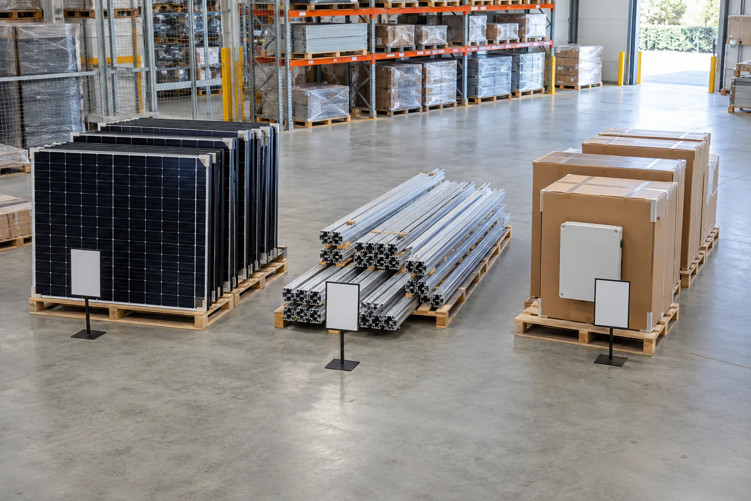 Separate ground-level groups of solar panels, rails and a boxed component in a warehouse