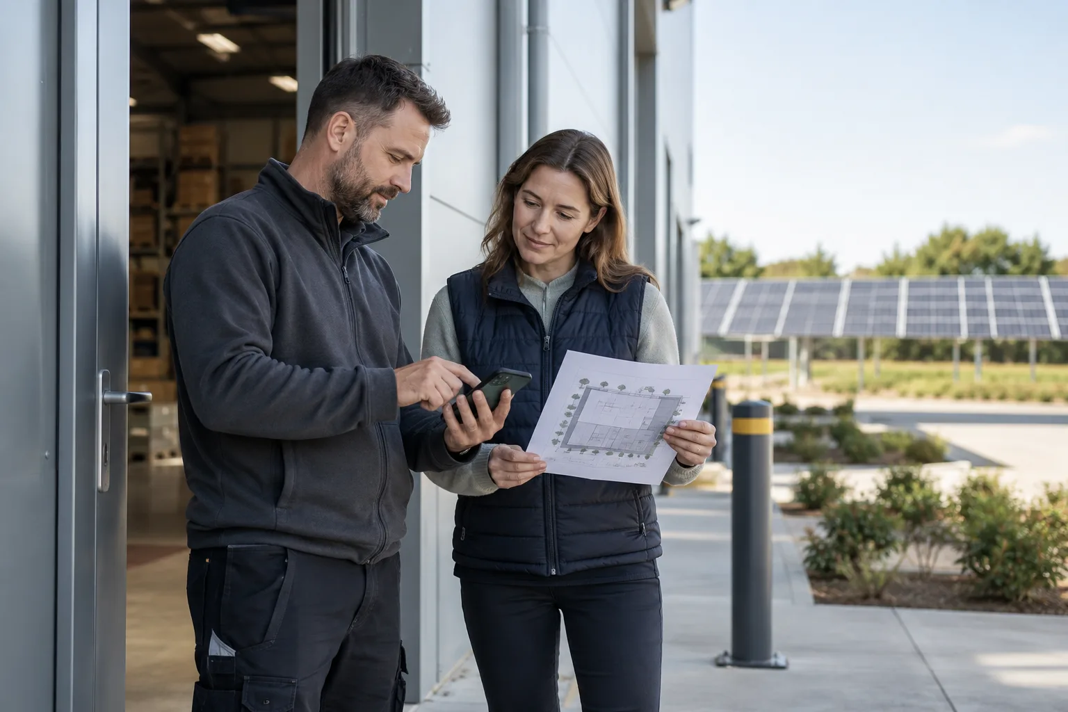 Installer and facilities contact comparing a phone and simple site plan near ground-level panels
