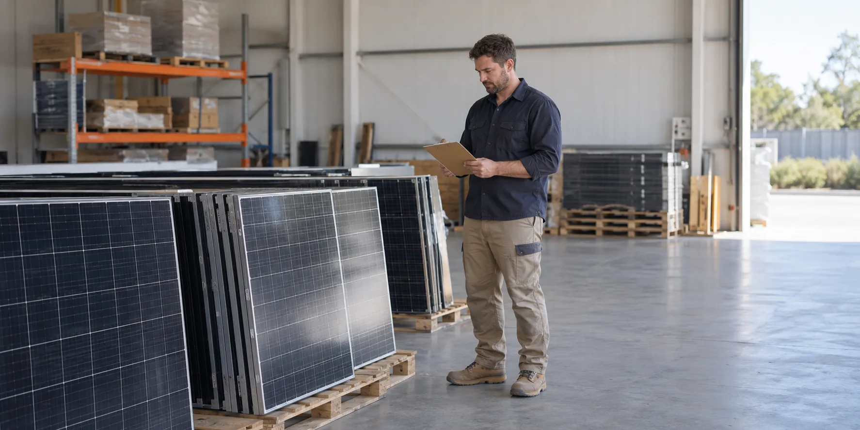 Installer comparing a clipboard with grouped ground-level solar panels in a warehouse