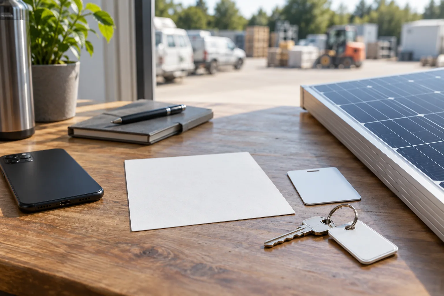 Blank location note, access card, key tag and solar-panel edge on a clean workbench