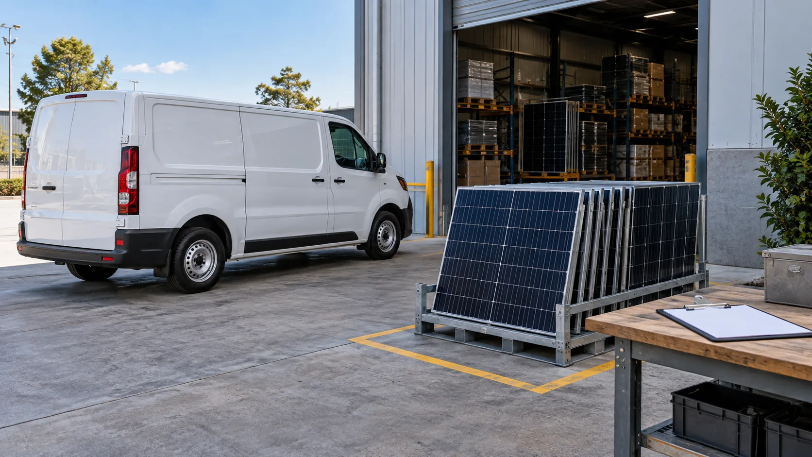 Unbranded stationary trade van, warehouse doorway, ground-level solar-panel staging area and blank clipboard
