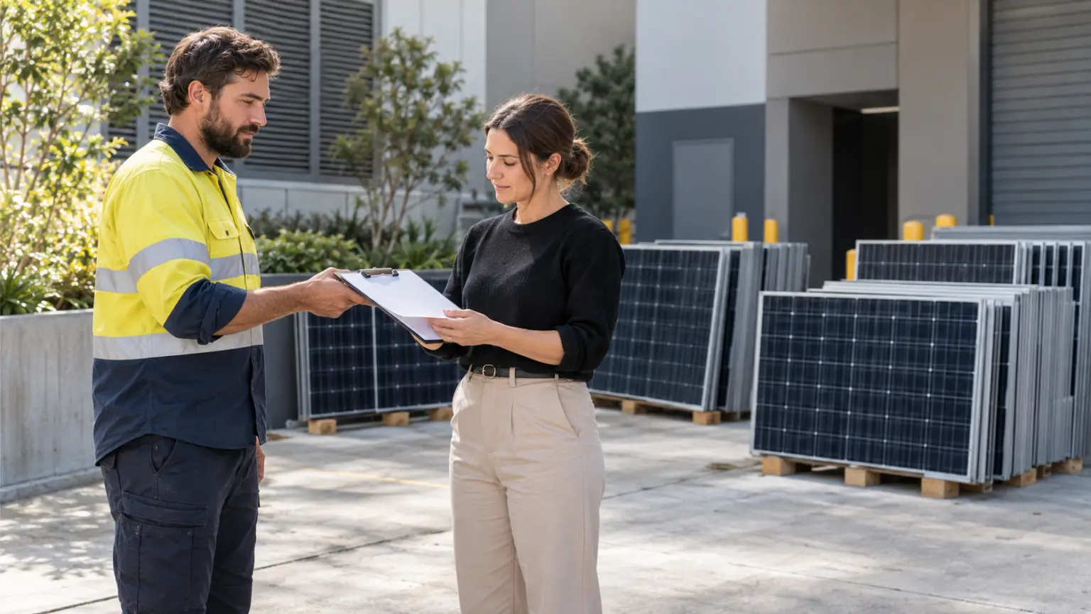 Solar installer handing a clipboard to a property project coordinator beside ground-level solar panels