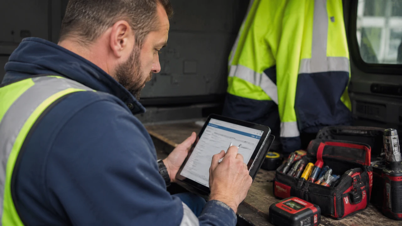 A solar installer filling out a Trade Account application on a tablet at a job site