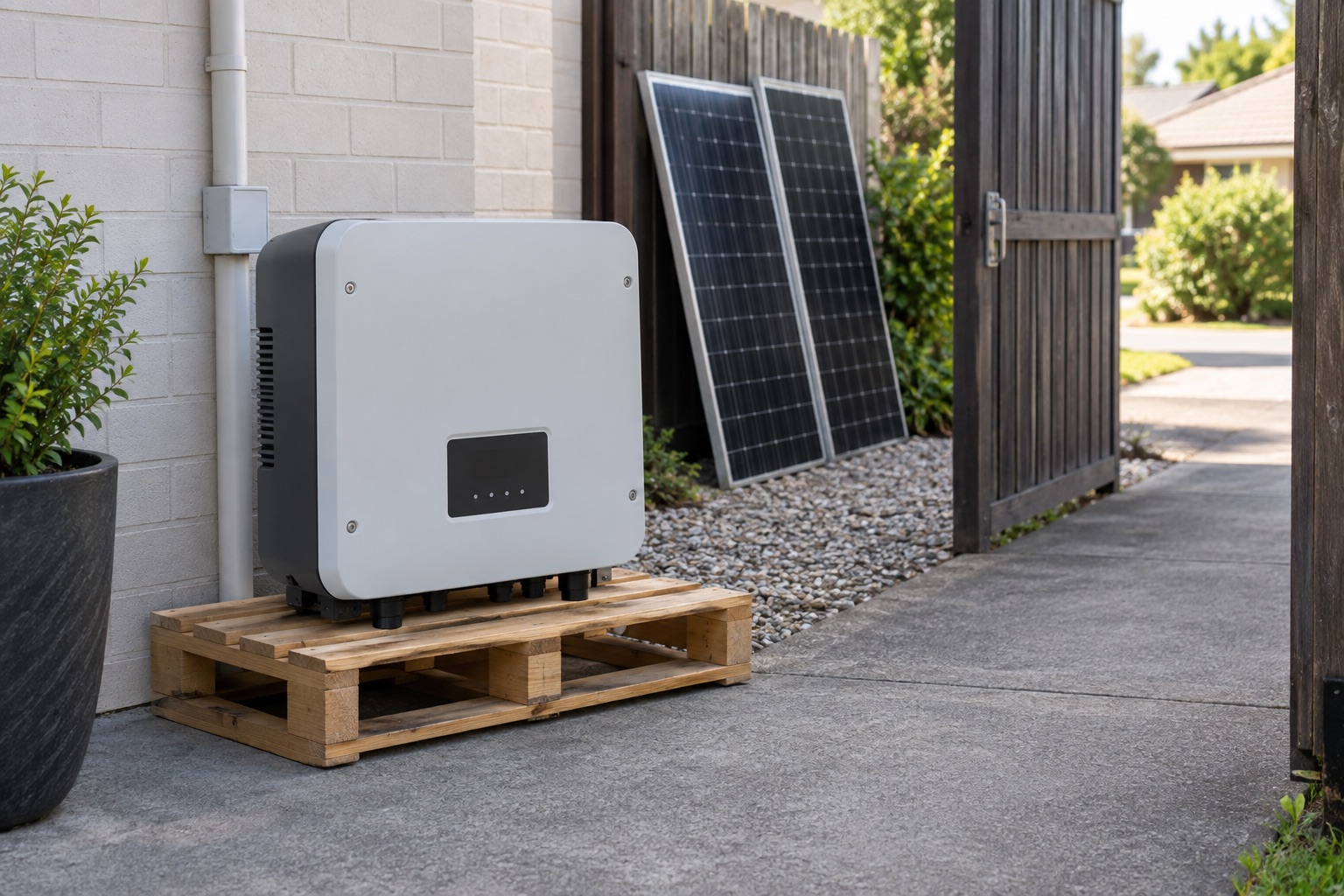 Editorial view of a detached inverter staged at ground level beside removed solar panels