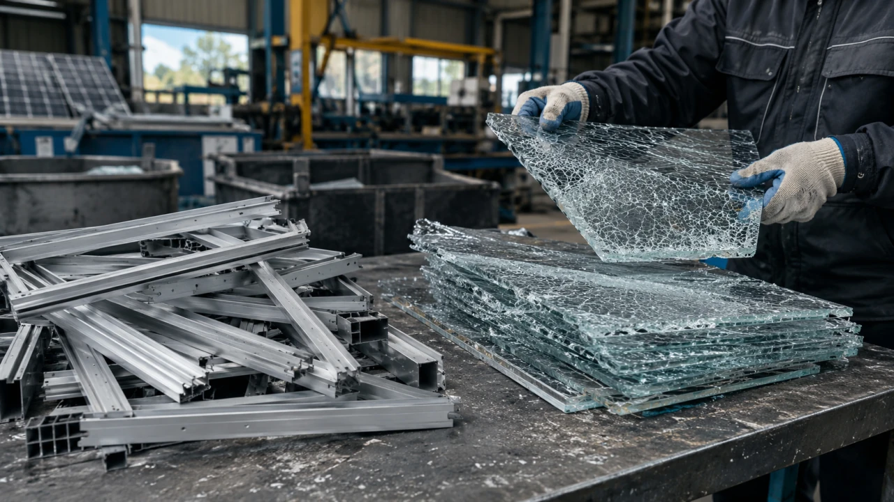 Aluminium frames and glass separated from solar panels during recycling
