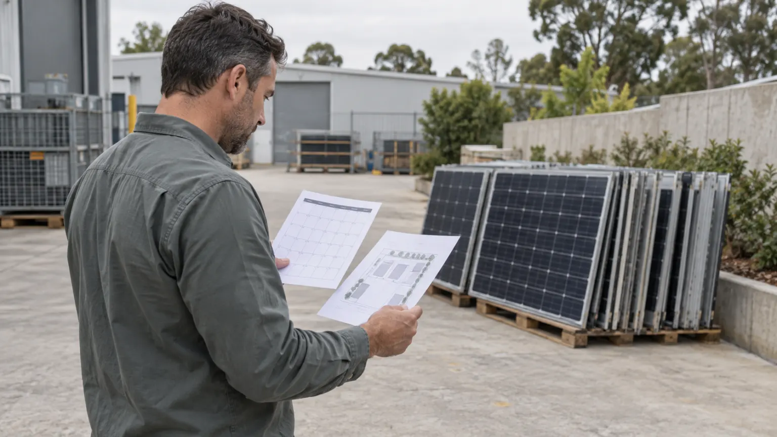 Illustrative Sydney facilities coordinator comparing a blank planning calendar and site access sketch beside safely staged removed solar panels