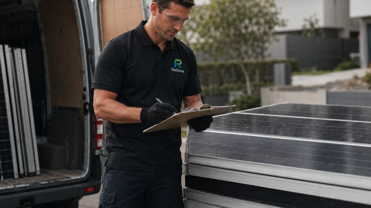 A worker counting and documenting solar panels onto a job docket at collection