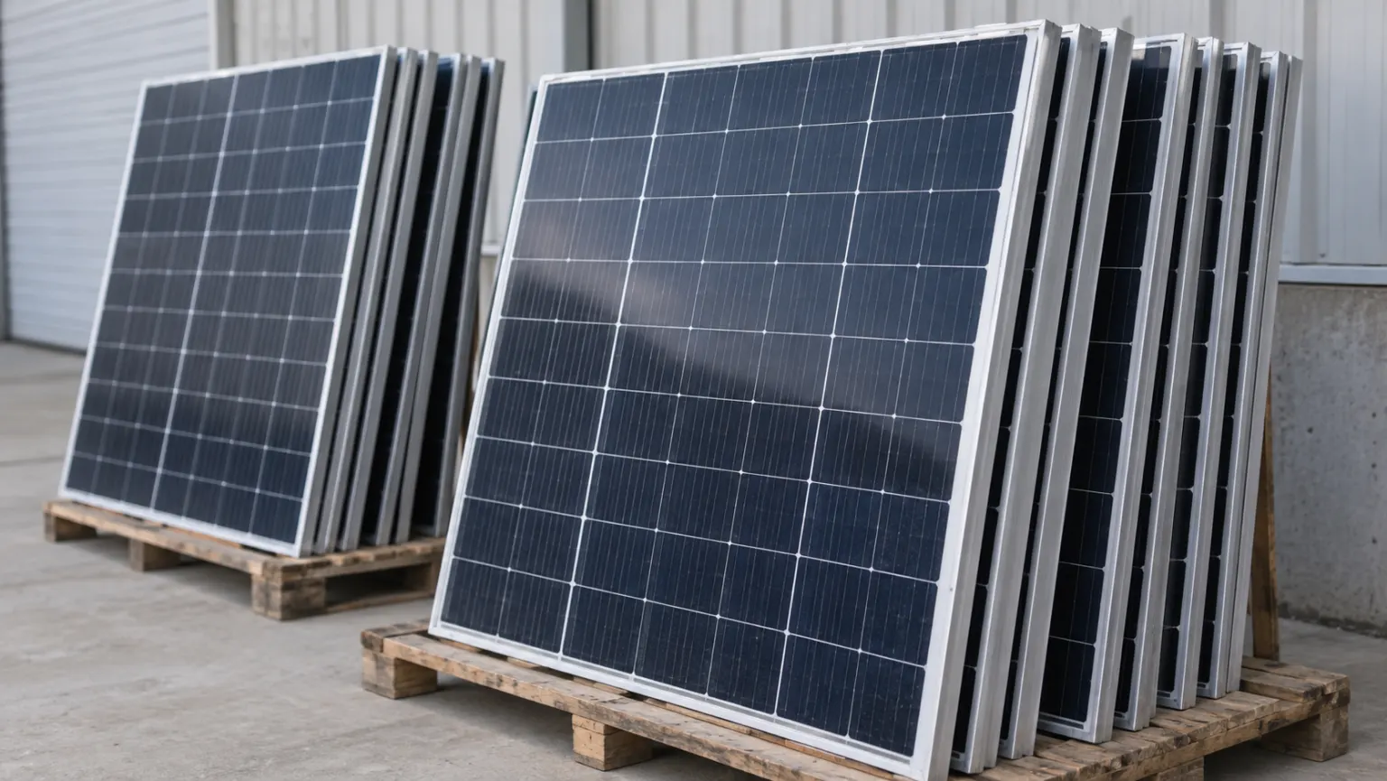 Illustrative ground-level groups of removed solar panels, inverter and mounting rails