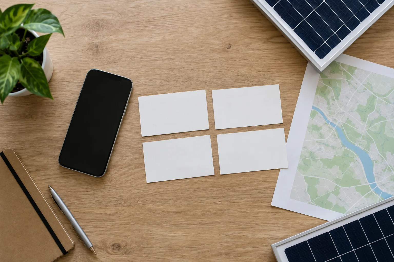 Separate information cards, phone and map-shaped paper beside solar-panel corners
