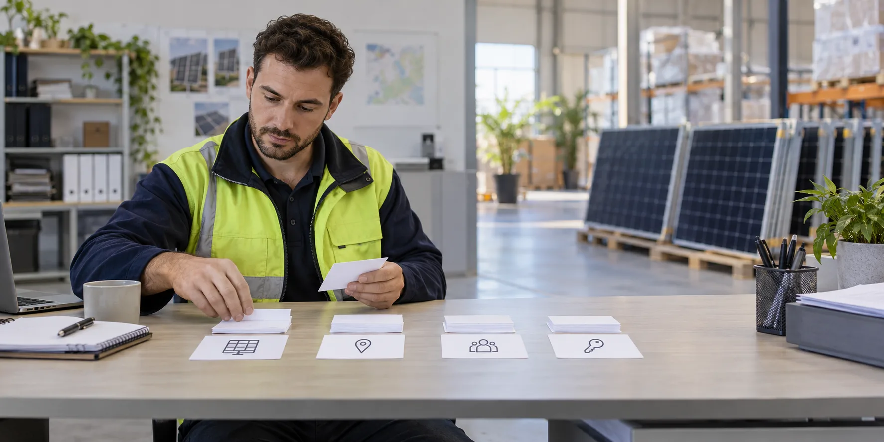 Warehouse coordinator sorting information cards beside ground-level solar panels