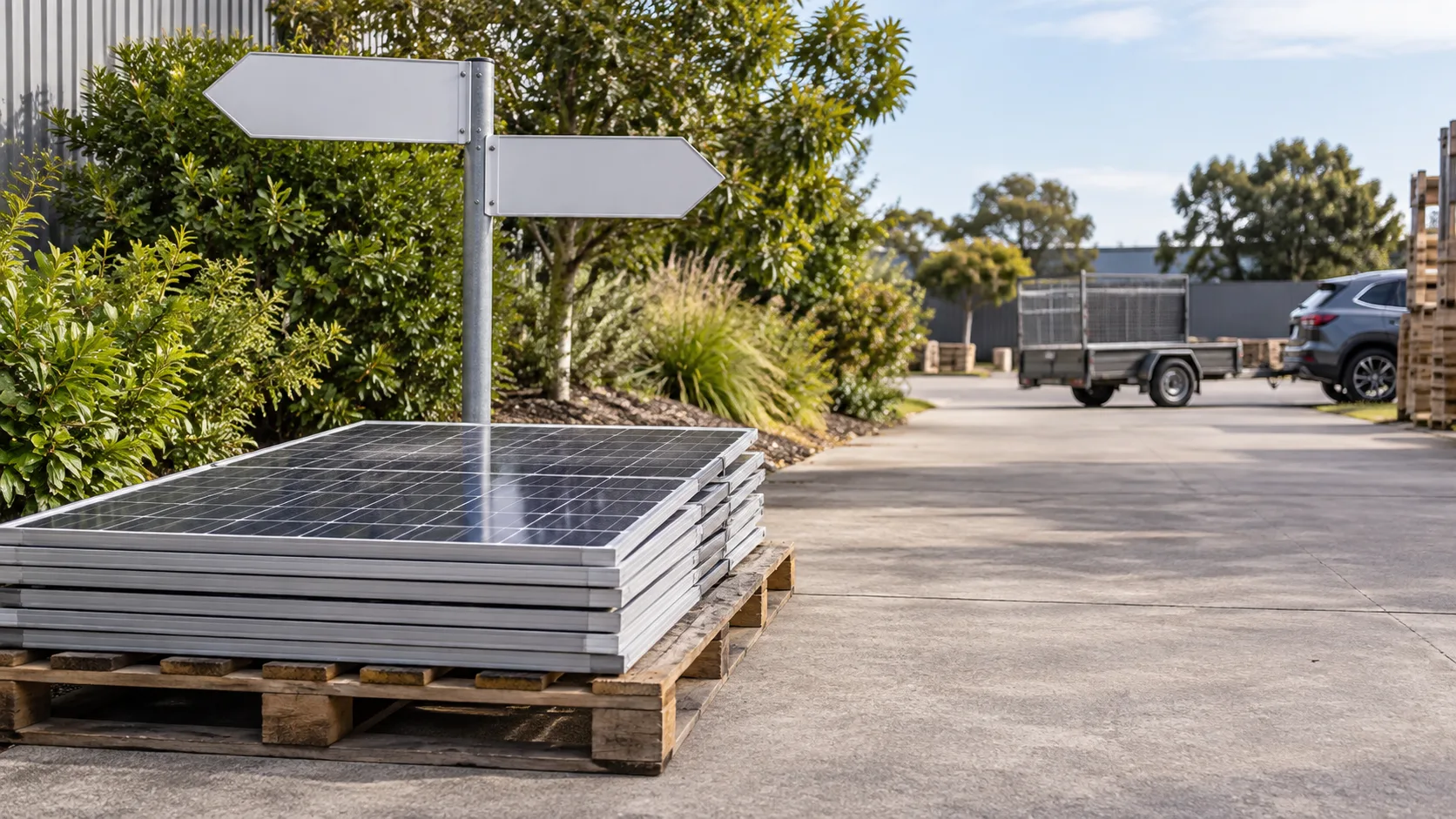 Generic editorial scene of already removed solar panels beside an unlabelled directional sign and a clear vehicle-access lane
