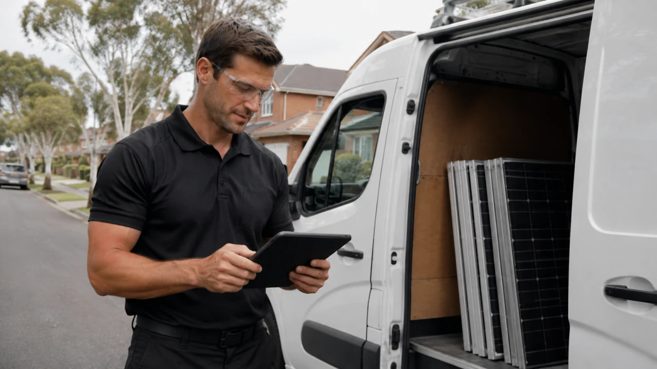 A ReSova technician checking the collection postcode and service zone before a Sydney job