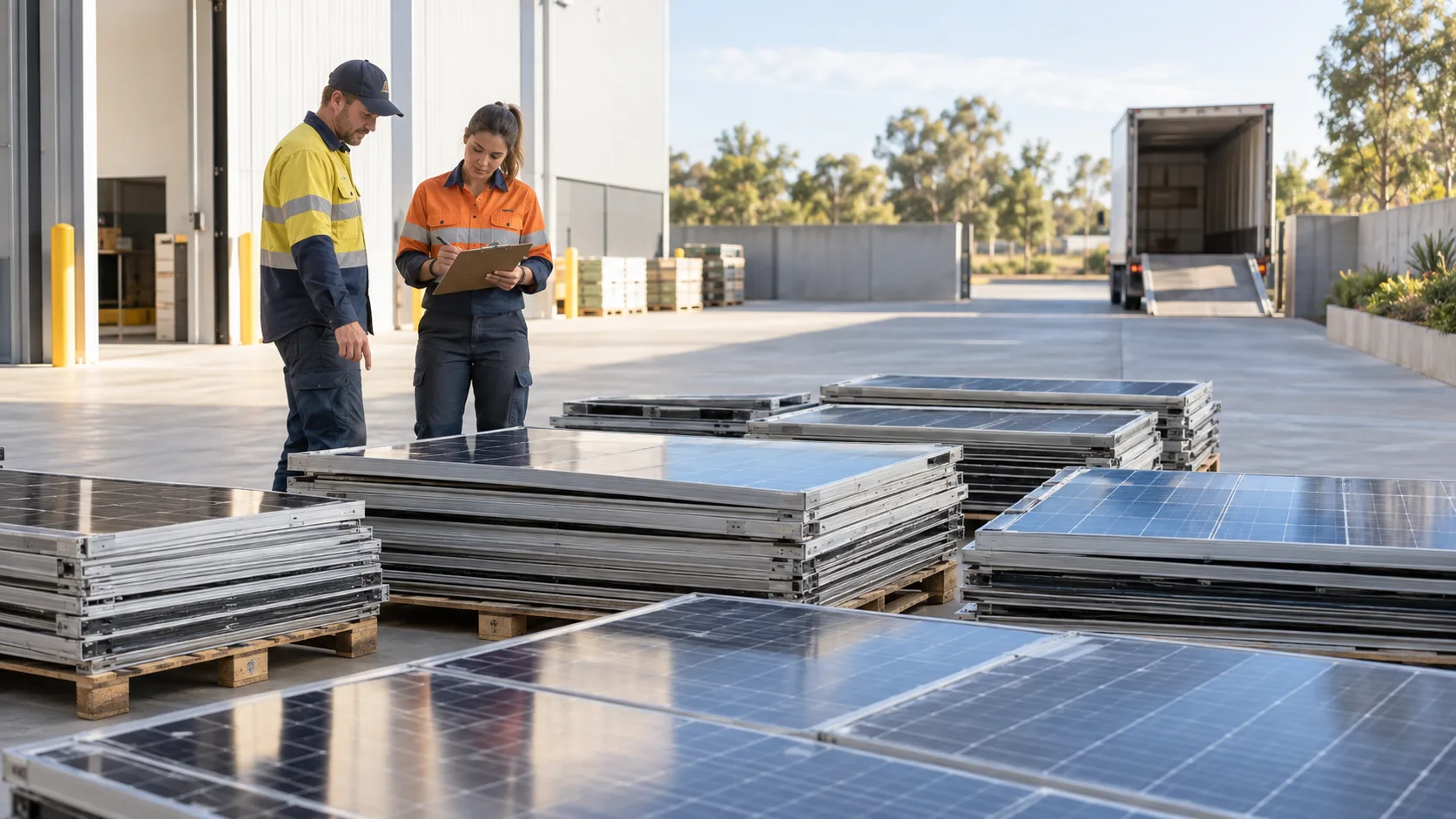 Generic editorial scene of two workers counting already removed solar panels at a ground-level staging area
