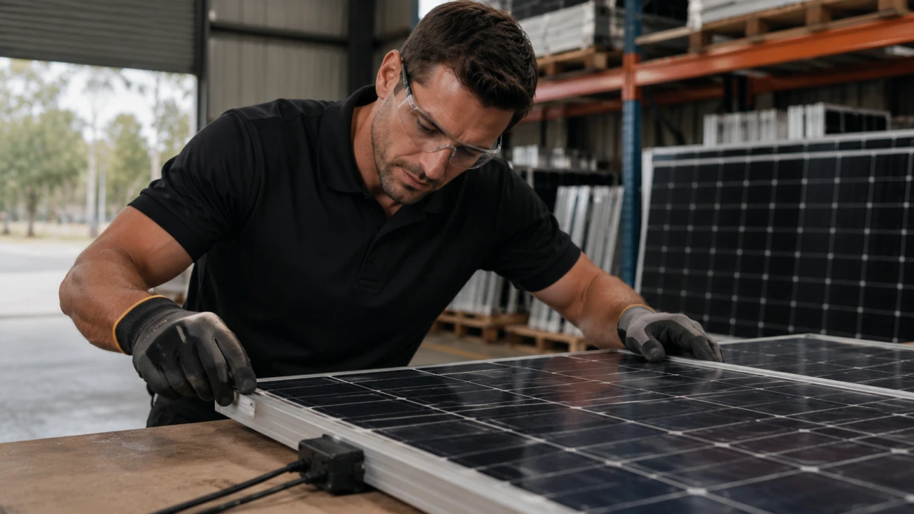 A technician inspecting a removed solar panel to assess its material composition and condition