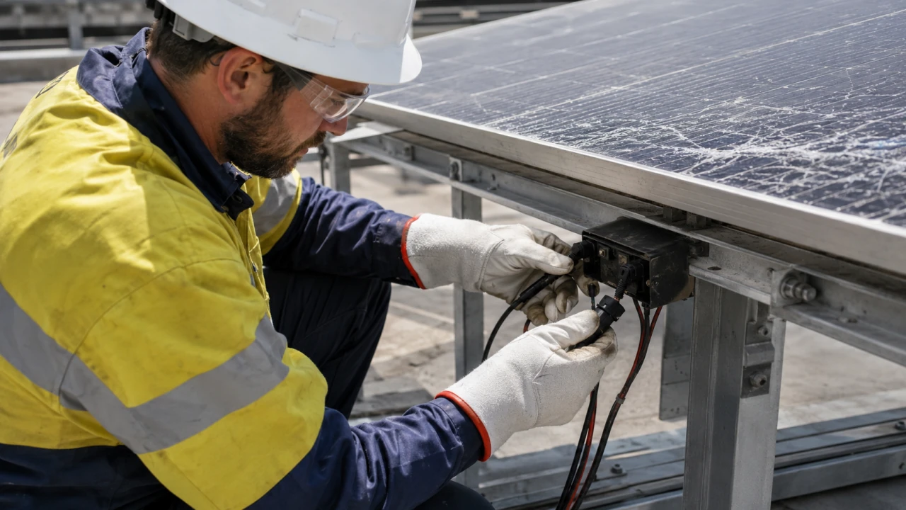 A licensed technician safely disconnecting a damaged solar panel before collection