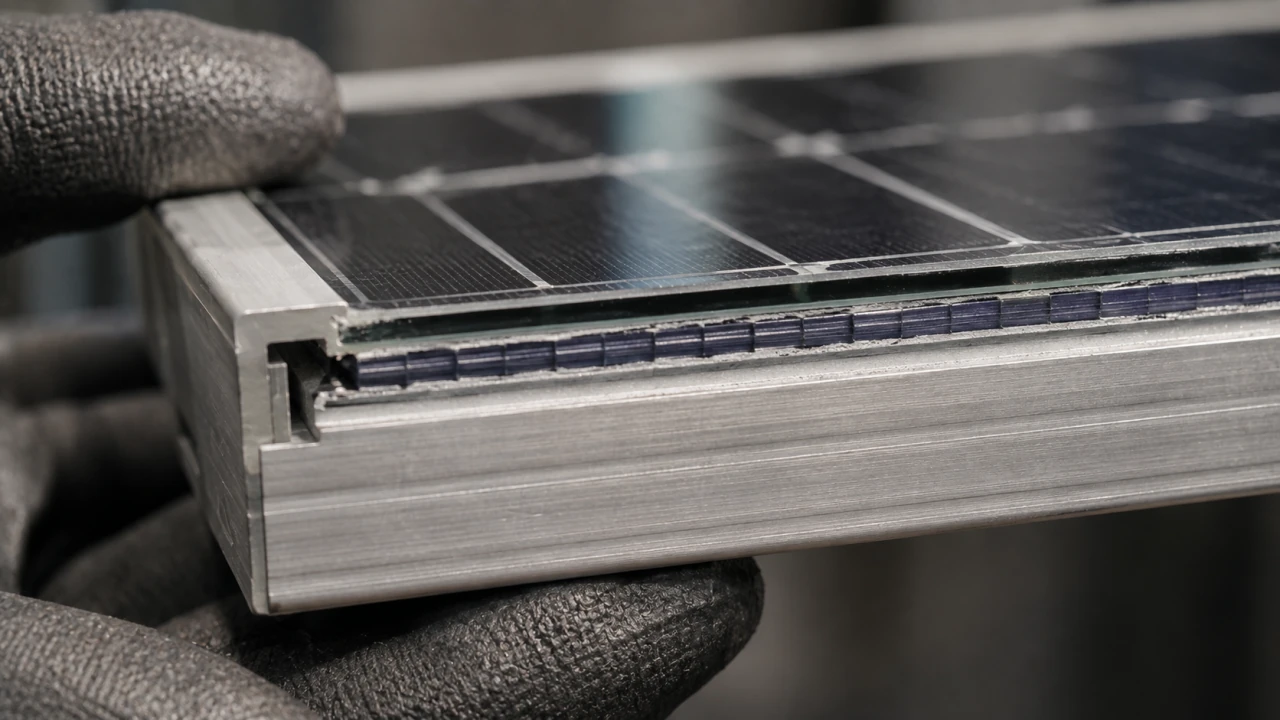 A close inspection of a solar panel's glass, frame and cell layers to assess its material composition