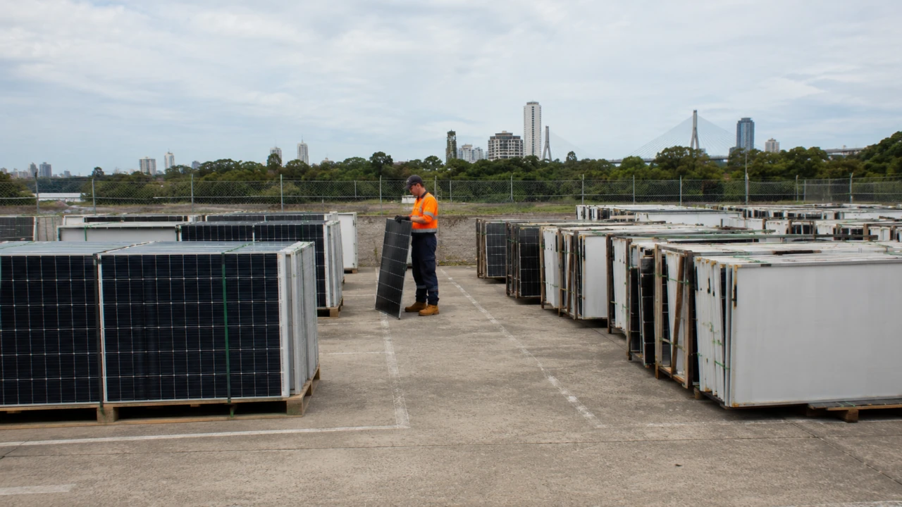 Solar panels sorted at a Sydney site to avoid landfill, ready for reuse or recycling