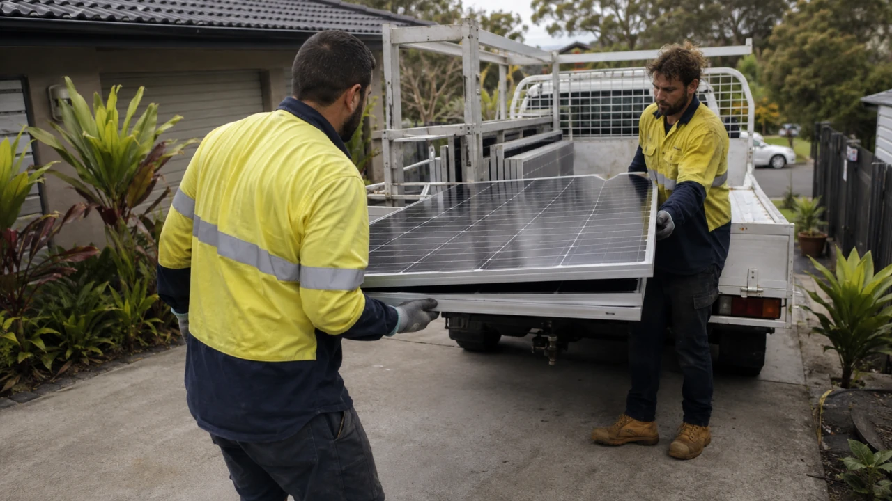 ReSova team members loading stacked solar panels onto a collection vehicle in Sydney