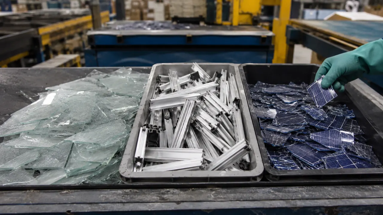 Recovered materials from a recycled solar panel — glass, aluminium frame, silicon cells and metal contacts — separated on a workbench