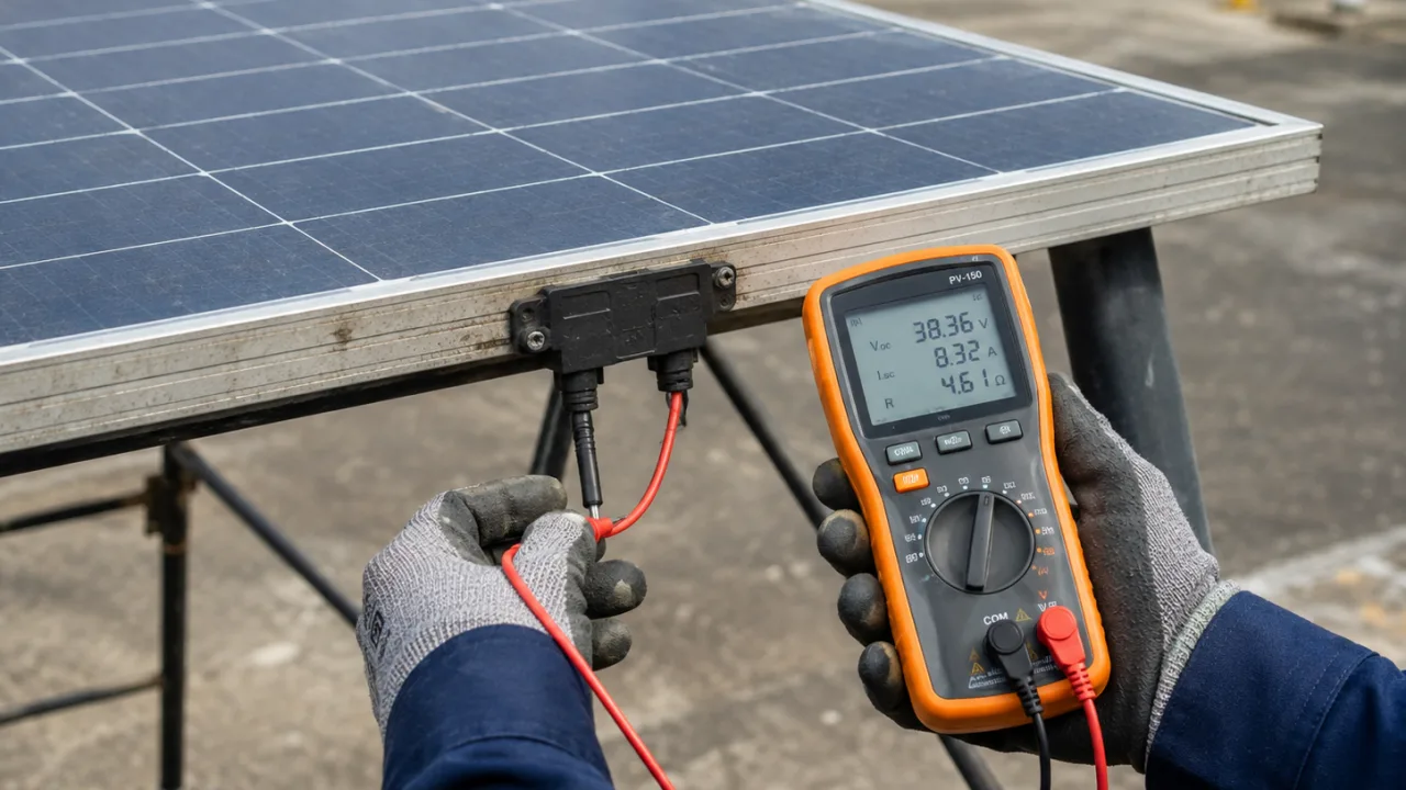 A technician testing a used solar panel's output to assess its condition