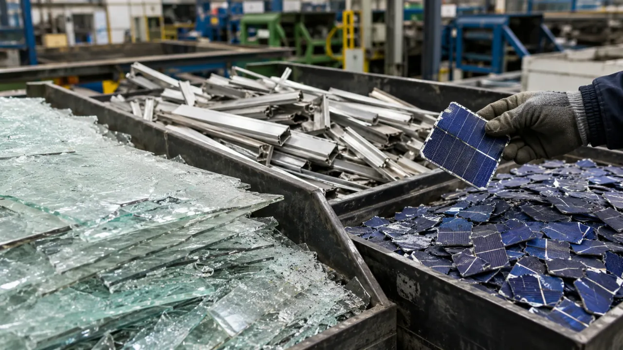 Recovered materials from a recycled solar panel — glass cullet, aluminium frame pieces and silicon cell wafers separated on a workbench