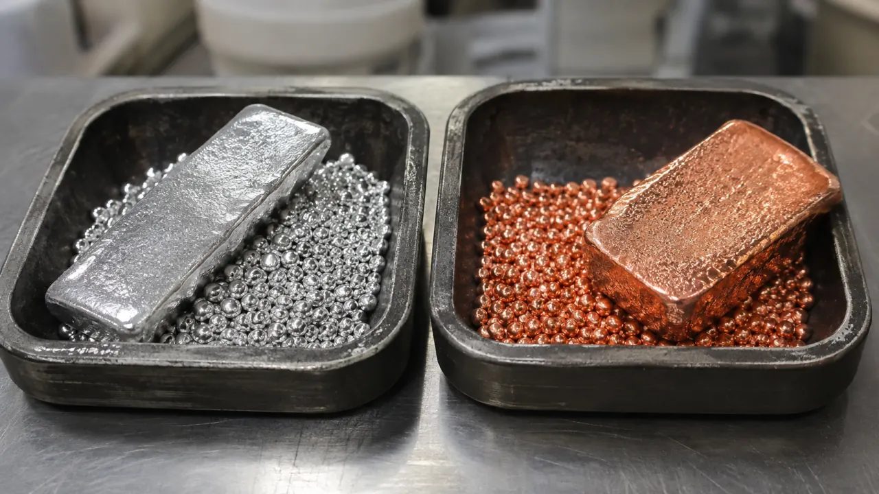 Refined silver and copper granules recovered from solar panel recycling, ready for downstream commodity use