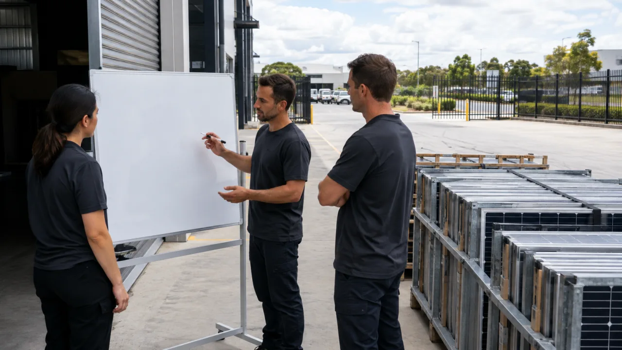 Project team reviewing a blank logistics plan beside securely staged removed solar panels and a clear loading route