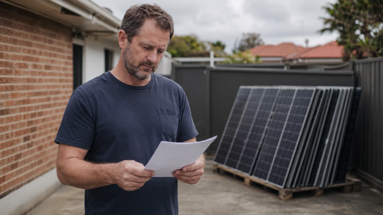 A Sydney homeowner reviewing a solar panel collection quote next to stacked removed panels