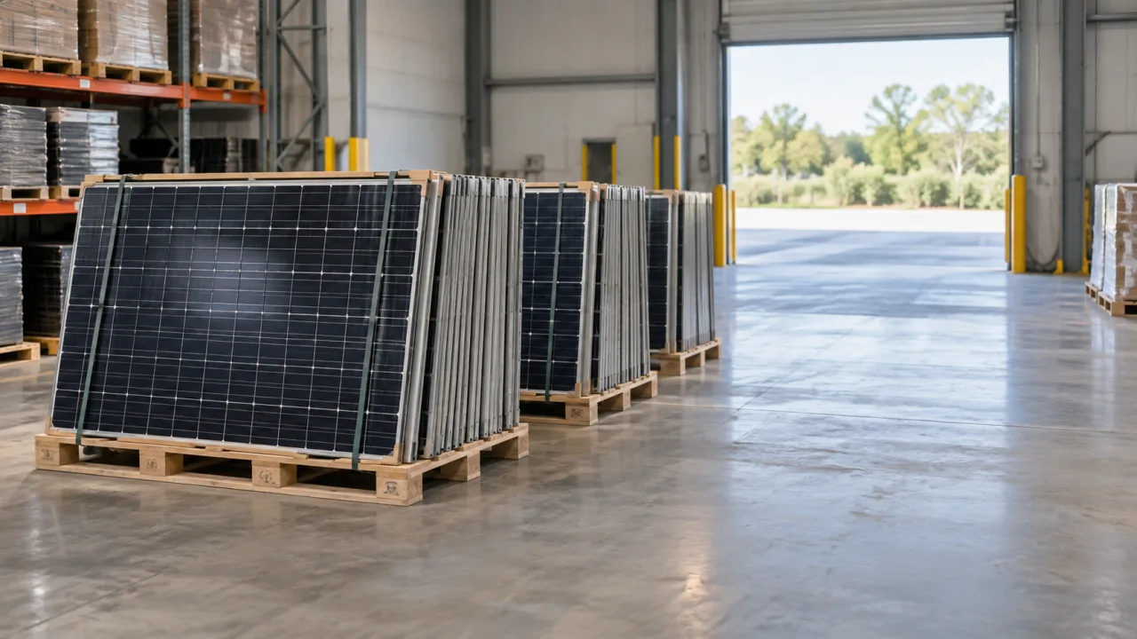 Generic warehouse-held batch of removed solar panels near a clear ground-level loading route