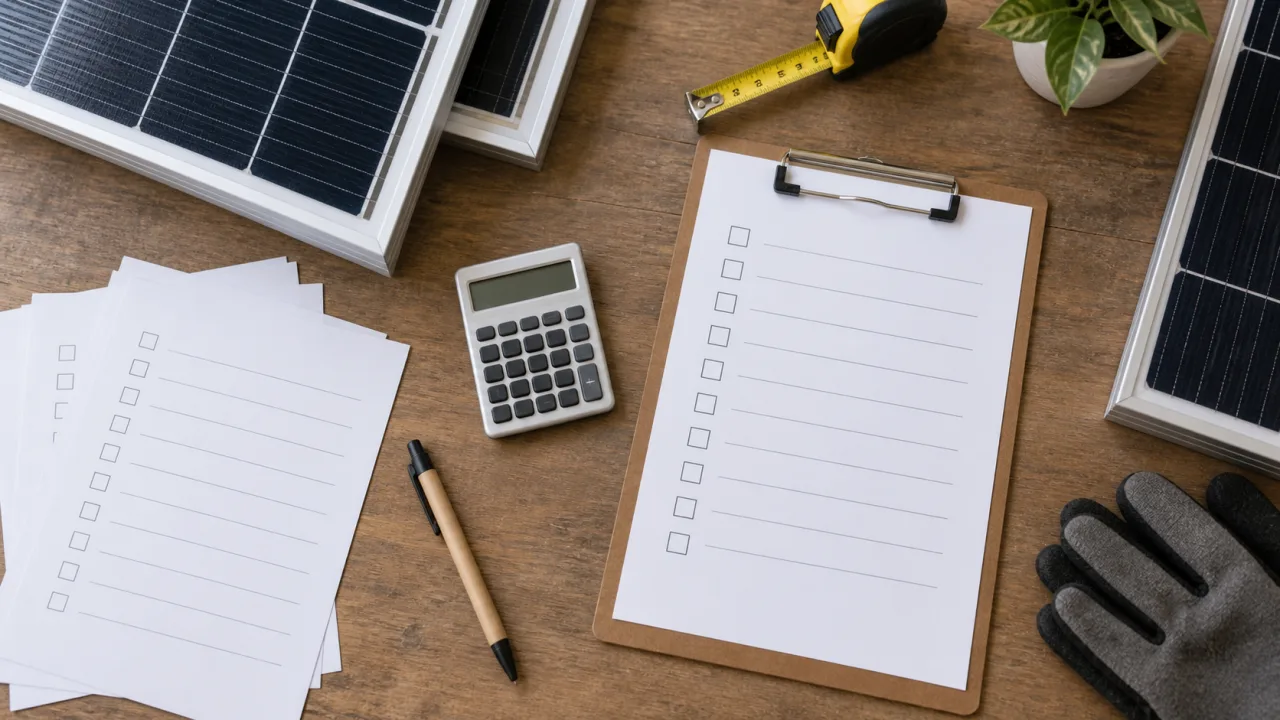 Generic collection-planning checklist beside unbranded solar panel details