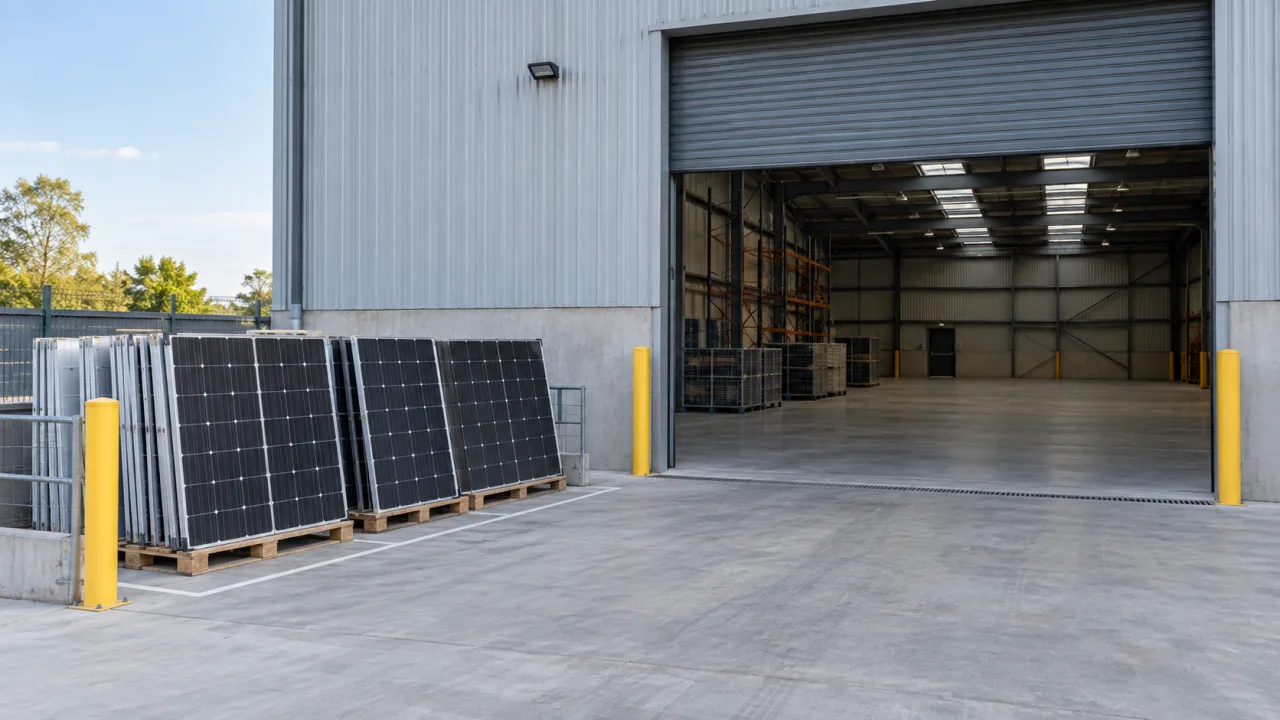 Generic ground-level warehouse loading area with removed solar panels set aside from the access route