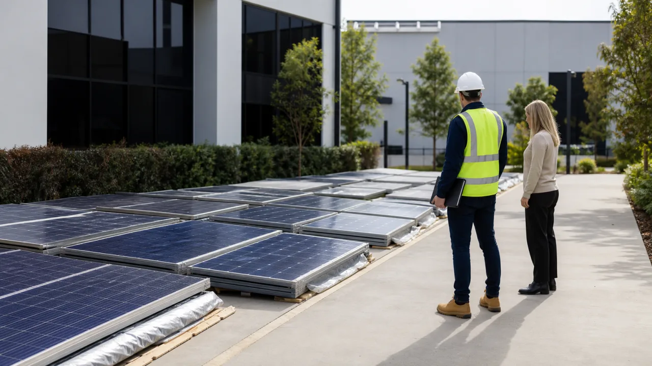 Already removed solar panels safely staged at ground level while project representatives observe their broad visible condition