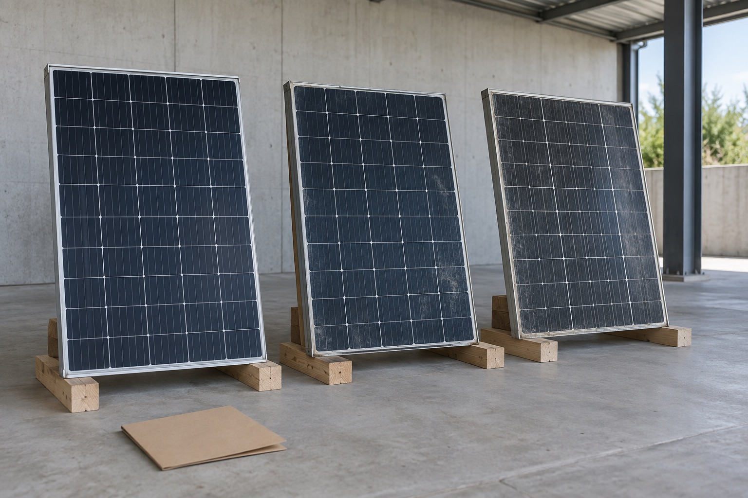 Editorial view of removed solar panels in a generic ground-level staging area