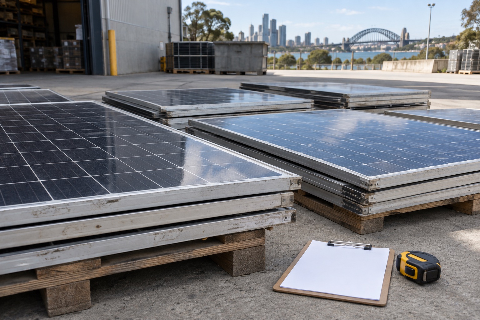 Editorial view of removed solar panels prepared for an end-of-life collection discussion